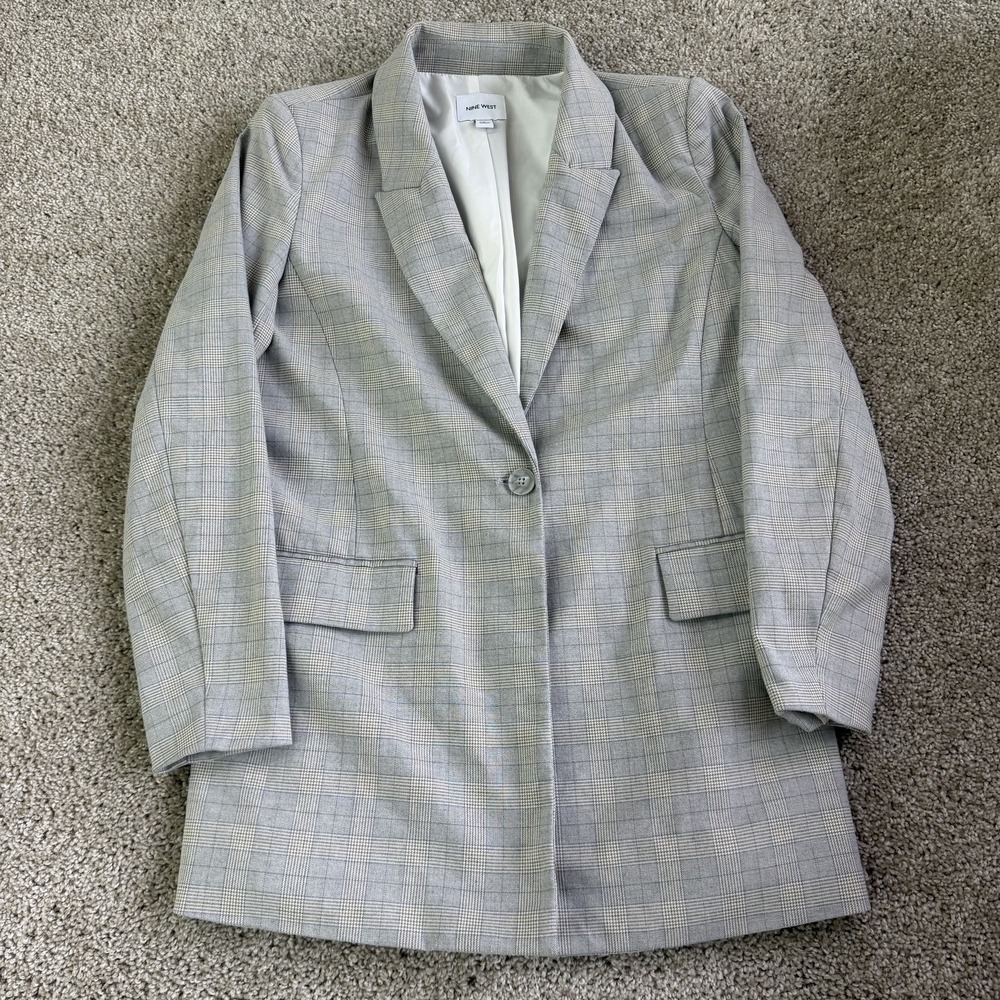 Nine West Blazer Jacket Womens S Gray Plaid Lined Stretch Long Career Office
